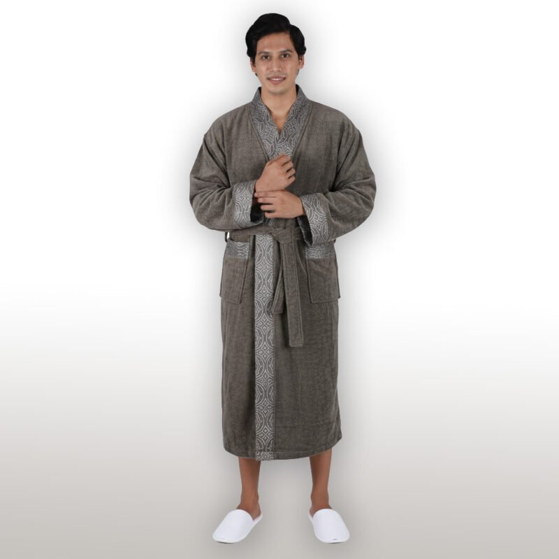 Comfortia Unisex Decorative Collar Bathrobe – 100% Cotton, Woven Terry Velour in Grey color