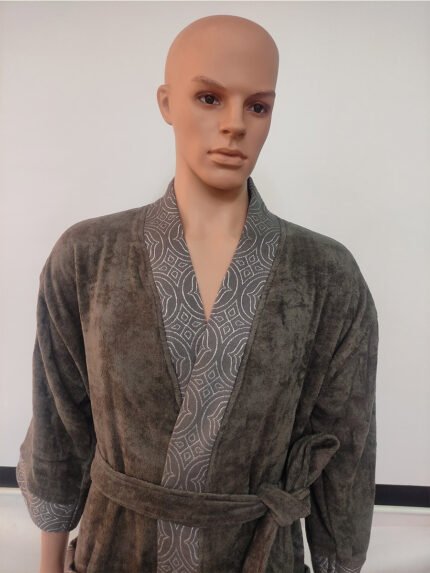 Unisex Bathrobe - Grey - Shawl Collar, Terry Velour, Jacquard Kimono